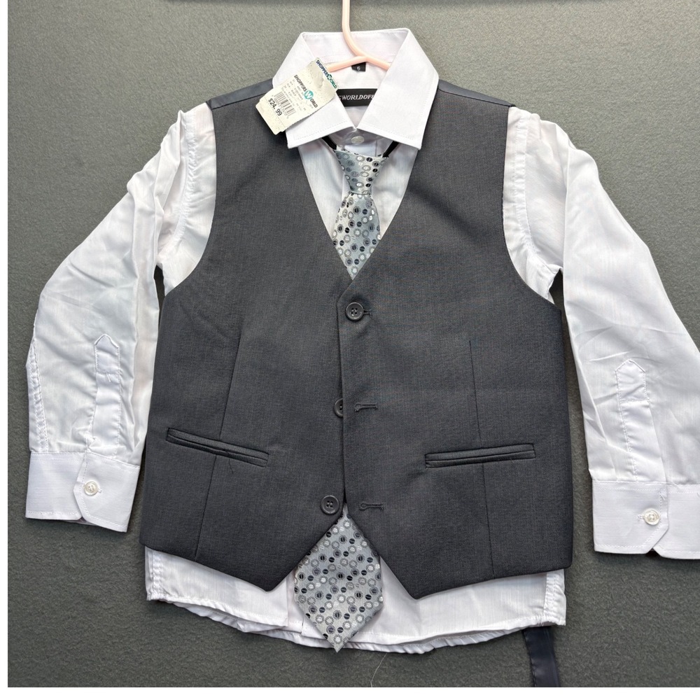 NWT boys dress shirt vest tie set gray white‎ size 6 formal outfit polyester